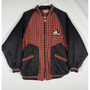 Vintage Disney Mickey Mouse Bomber Jacket Size 16 Medium SuperStar Red Plaid 80s